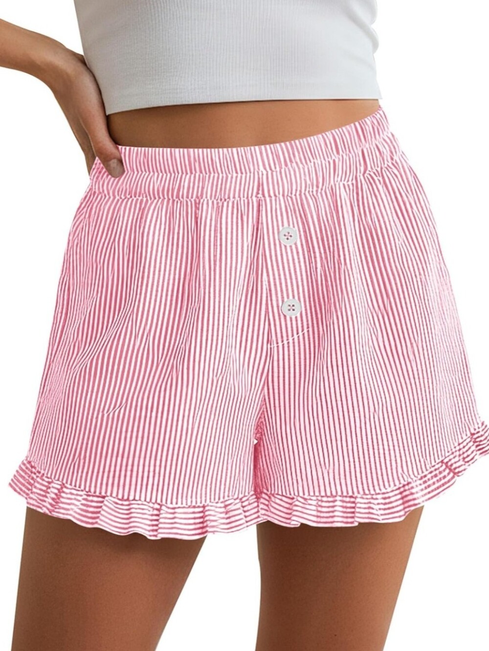 Pretty Garden Women's Ruffled Pink & White Striped Fashion Boxer Shorts, M